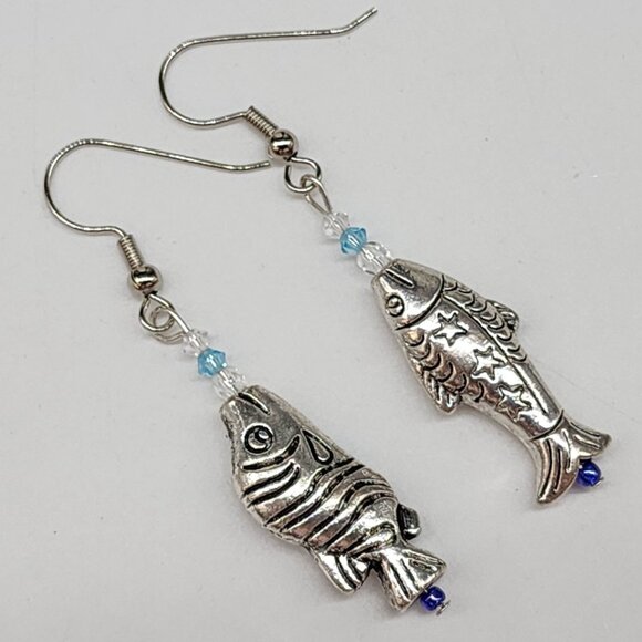 Silver Fish Dangle Earrings With Blue Crystal Accents Handmade Jewelry - Picture 1 of 4